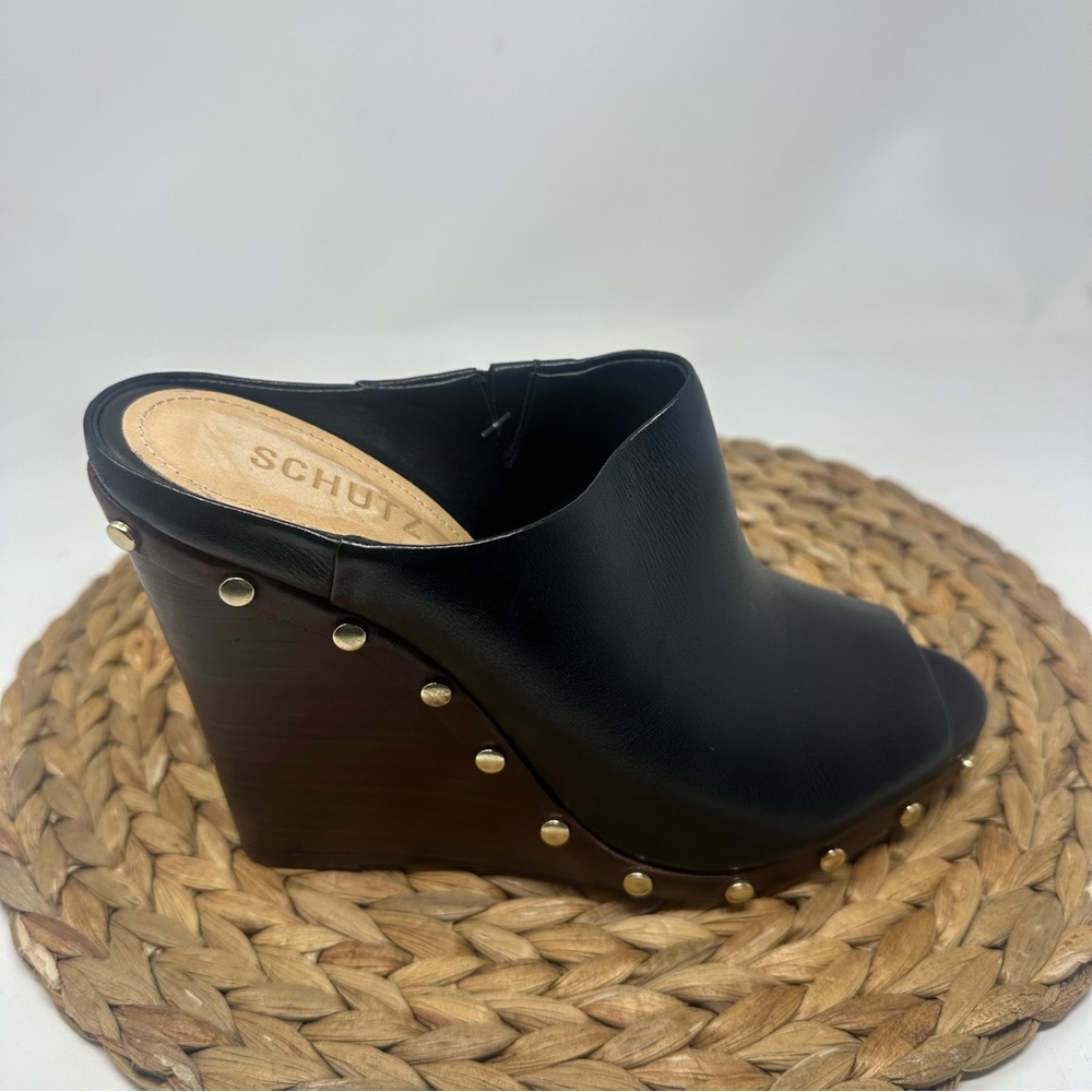 Schutz Califa Studded Peep Toe Leather Wedge Black Size 9 Women's